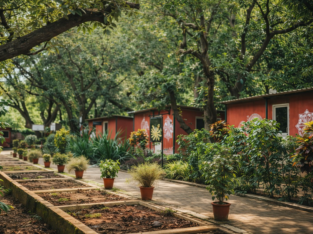 JCKTPIC campus — red studio buildings under a tree canopy