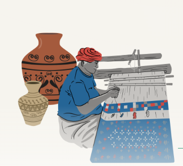 An artisan weaving on a traditional loom beside terracotta pots