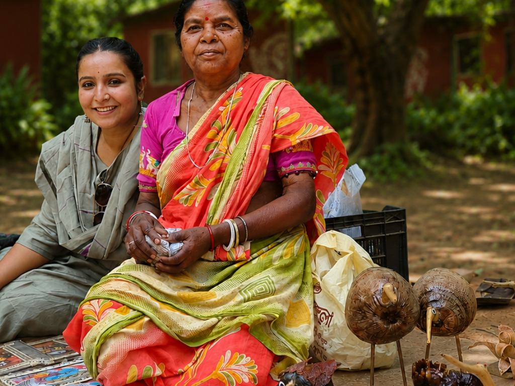 Two women artisans at a craft fair with handcrafted bird figurines